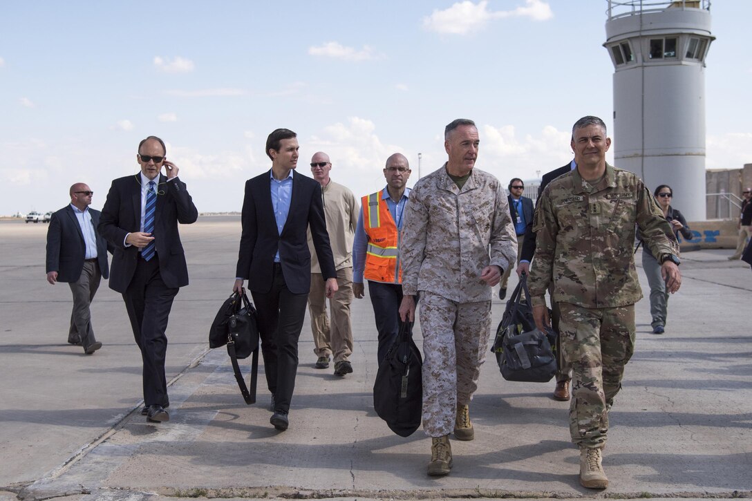 Marine Corps Gen. Joe Dunford, chairman of the Joint Chiefs of Staff, walks with Army Lt. Gen. Stephen J. Townsend, the commander of Combined Joint Task Force Operation Inherent Resolve; Jared Kushner, senior advisor to President Donald J. Trump; and U.S. Ambassador to Iraq Douglas A. Silliman after arriving in Baghdad, April 3, 2017.  DoD photo by Navy Petty Officer 2nd Class Dominique A. Pineiro