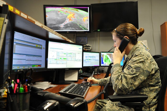 Senior Airman Jennifer Smith, 9th Operations Support Squadron weather technician, keeps the flightline updated on current weather conditions at Beale Air Force Base, California, March 24, 2017. In order to keep the mission going, Beale's weather flight provides accurate and timely weather information to pilots. (U.S. Air Force photo/Airman 1st  Class Douglas P. Lorance)