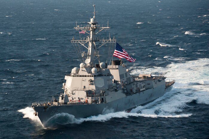 USS McCampbell (DDG 85) file photo | USS McCampbell (DDG 85) moves into formation along with U.S. Navy, Japan Maritime Self-Defense Force, and Republic of Korea navy ships during a trilateral exercise in the East China Sea, June 21, 2012.  The exercise is designed to improve interoperability and readiness among the three services.