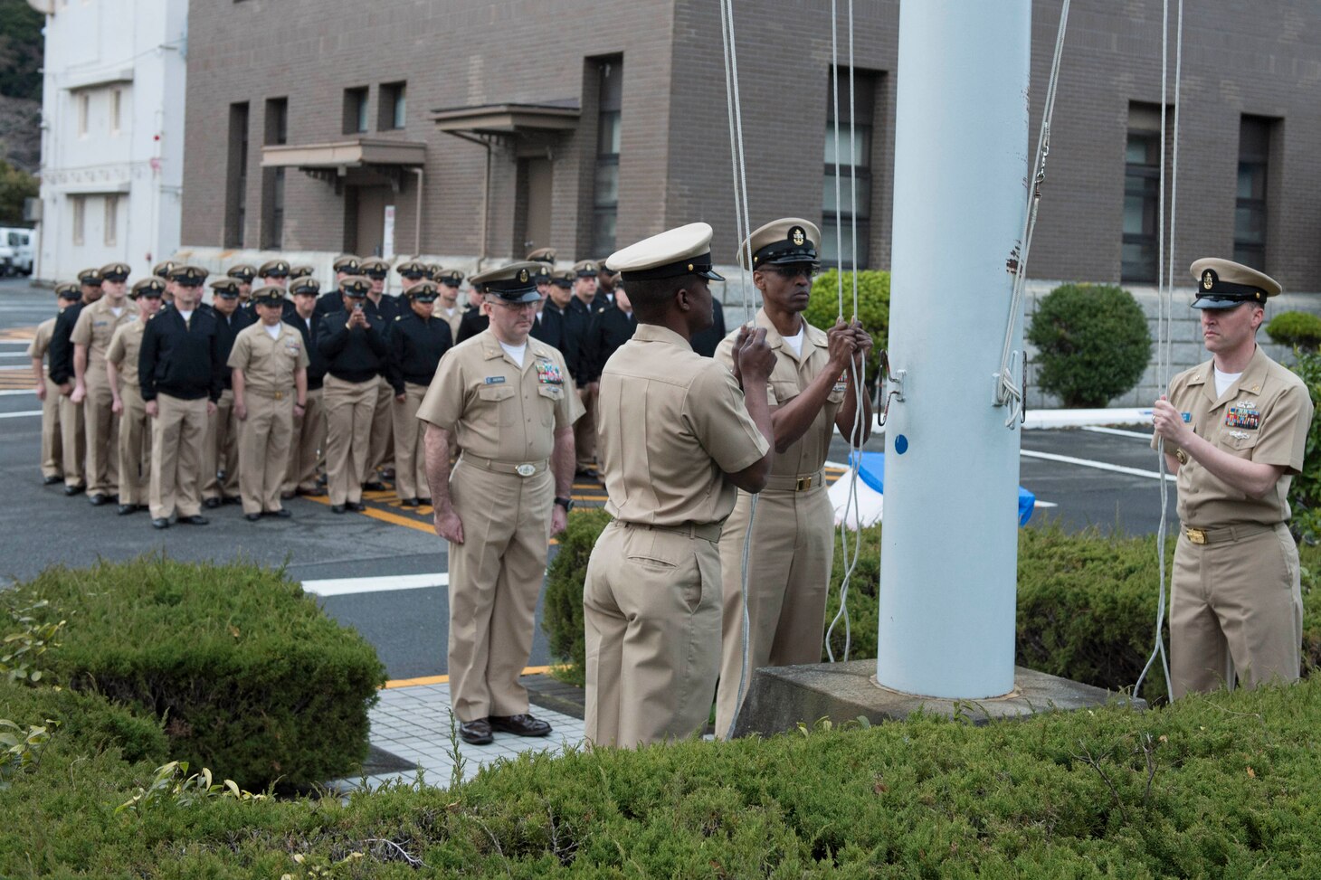 YOKOSUKA, Japan (April 1, 2017) During evening colors Chief Petty Officers from U.S. 7th Fleet and USS Blue Ridge (LCC 19) honor fallen Chiefs on the day of the 124th birthday of the Chief Petty Officers rank. The rank of chief petty officer was established on April 1, 1893. (U.S. Navy photo by Mass Communication Specialist 2nd Class Leonard Adams/Released)