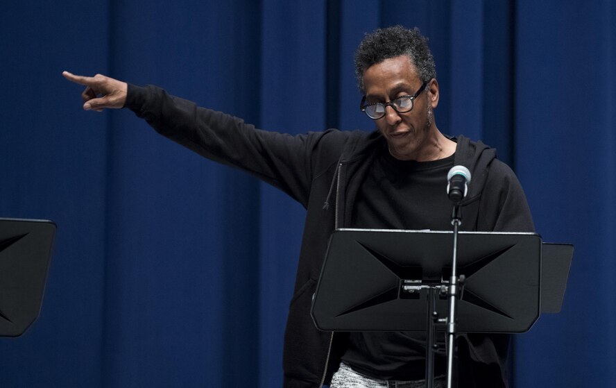Andre Royo, actor, preforms during a scene of, “Jesus Hopped The ‘A’ Train,” March 20, 2017, at Yokota Air Base, Japan. For the performance Royo played the role of Lucius Jenkins. (U.S. Air Force photo by Airman 1st Class Donald Hudson)