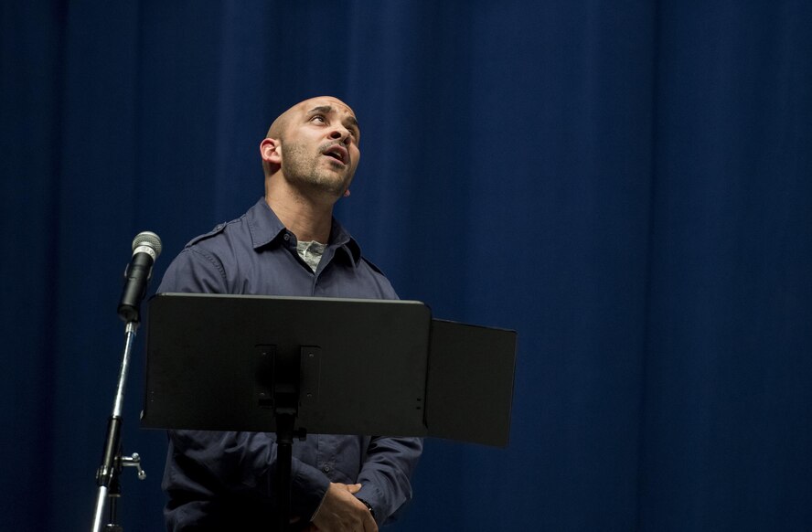 Victor Almanzar, actor, preforms during a scene of, “Jesus Hopped The ‘A’ Train,” March 20, 2017, at Yokota Air Base, Japan. For the performance Almanzar played the role of Valdez. (U.S. Air Force photo by Airman 1st Class Donald Hudson)