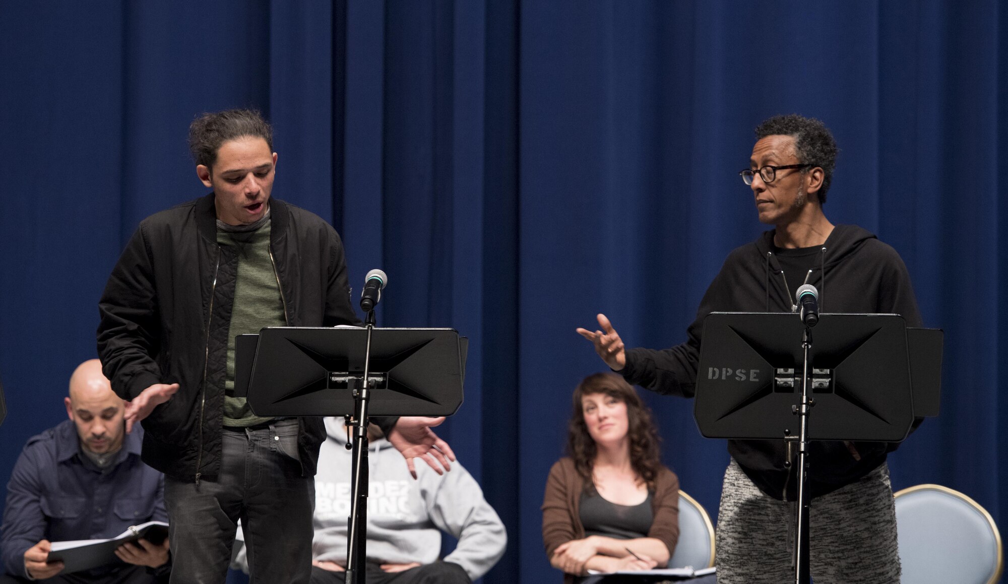 Anthony Ramos, actor (left), and Andre Royo, actor (right), preform during a scene of, “Jesus Hopped The ‘A’ Train,” March 20, 2017, at Yokota Air Base, Japan. The performance was brought to Yokota by the Arts in the Armed Forces, an organization who provides free theatre programming for active duty service members, veterans and their families.  (U.S. Air Force photo by Airman 1st Class Donald Hudson)