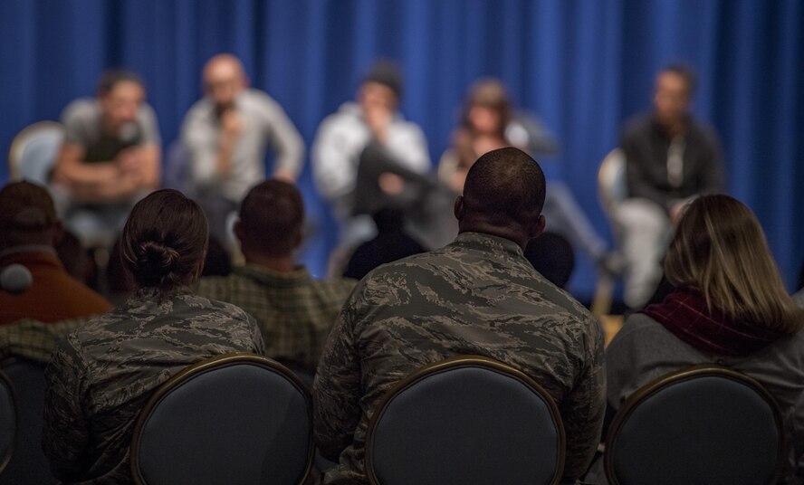 Military members listen to actors during a Q-and-A session after a performance of, “Jesus Hopped The ‘A’ Train,” March 20, 2017, at Yokota Air Base, Japan. The performance was brought to Yokota by the Arts in the Armed Forces, an organization who providing free theatre programming for active duty service members, veterans and their families. (U.S. Air Force photo by Airman 1st Class Donald Hudson)