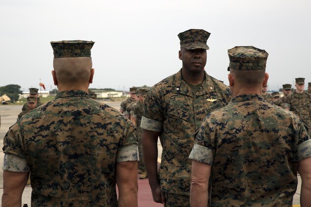 MCAS FUTENMA, OKINAWA, Japan— Lt. Col. Henry Dolberry stands at the head of a formation March 29 during an award ceremony on Marine Corps Air Station Futenma. Headquarters and Headquarters Squadron received the 2016 National Defense Transportation Association Military Unit of the Year Award for their outstanding service in the field of transportation and logistics. H&HS went head-to-head against the other branches of service for this award and came out on top.  Dolberry is the commanding officer of H&HS, MCAS Futenma, Marine Corps Installations Pacific. (U.S. Marine Corps photo by Cpl. Jessica Collins)