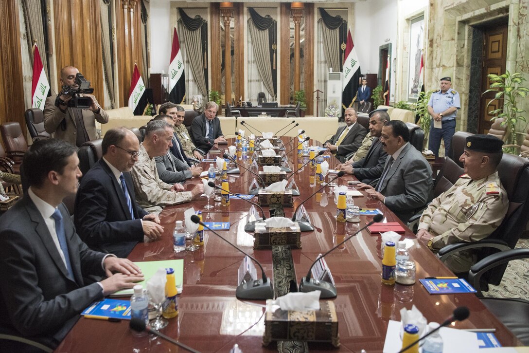 Marine Corps Gen. Joe Dunford, chairman of the Joint Chiefs of Staff, meets with Iraqi Defense Minister Erfan al-Hiyali at the Ministry of Defense in Baghdad, April 3, 2017. DoD photo by Navy Petty Officer 2nd Class Dominique A. Pineiro