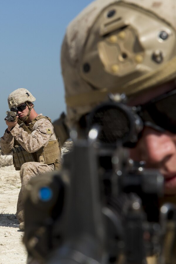 Cpl. Charles Bump, a vehicle commander and Cpl. Nicholas Hoff, a scout sniper, with Weapons Company, 3rd Battalion, 7th Marine Regiment, Special Purpose Marine Air-Ground Task Force-Crisis Response-Central Command, rehearse movement to contact procedures with the Marines of the Royal Saudi Naval Forces while in Saudi Arabia, March 6, 2017. The training proved to be an enhancing opportunity for both the U.S. and Saudi Marines. Deploying U.S. Marines into the U.S. Central Command area of responsibility to conduct combined military training with our partner nations’ security forces strengthens our vital relationships with partners in this important region. (U.S. Marine Corps photo by Cpl. Christopher Thompson) 