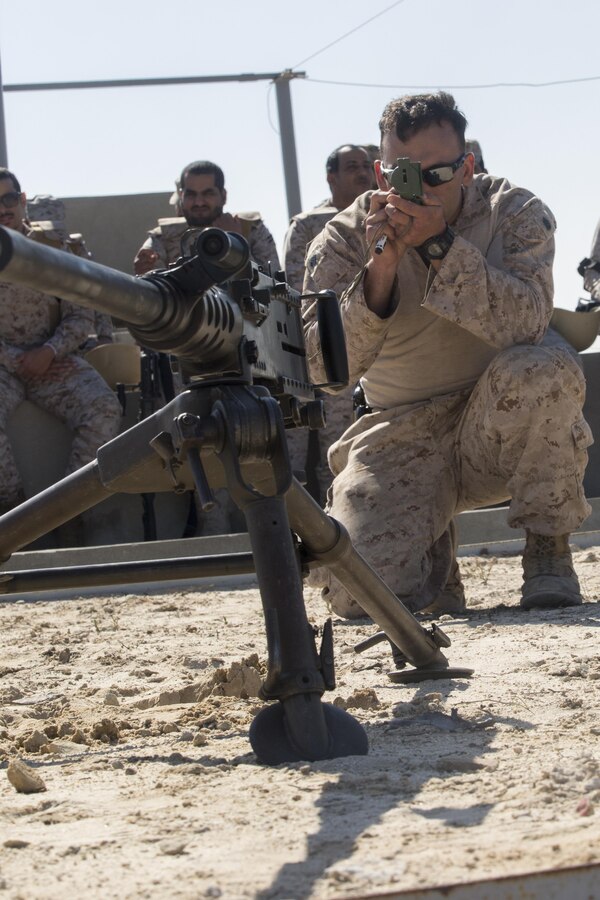 Staff Sgt. John Williams, the platoon sergeant of Weapons Company, 3rd Battalion, 7th Marine Regiment, Special Purpose Marine Air-Ground Task Force-Crisis Response-Central Command, shoots an azimuth to set a sector of fire on range cards while training with the Marines of the Royal Saudi Naval Forces while in Saudi Arabia, March 6, 2017. The training proved to be an enhancing opportunity for both the U.S. and Saudi Marines. Deploying U.S. Marines into the U.S. Central Command area of responsibility to conduct combined military training with our partner nations’ security forces strengthens our vital relationships with partners in this important region. (U.S. Marine Corps photo by Cpl. Christopher Thompson) 