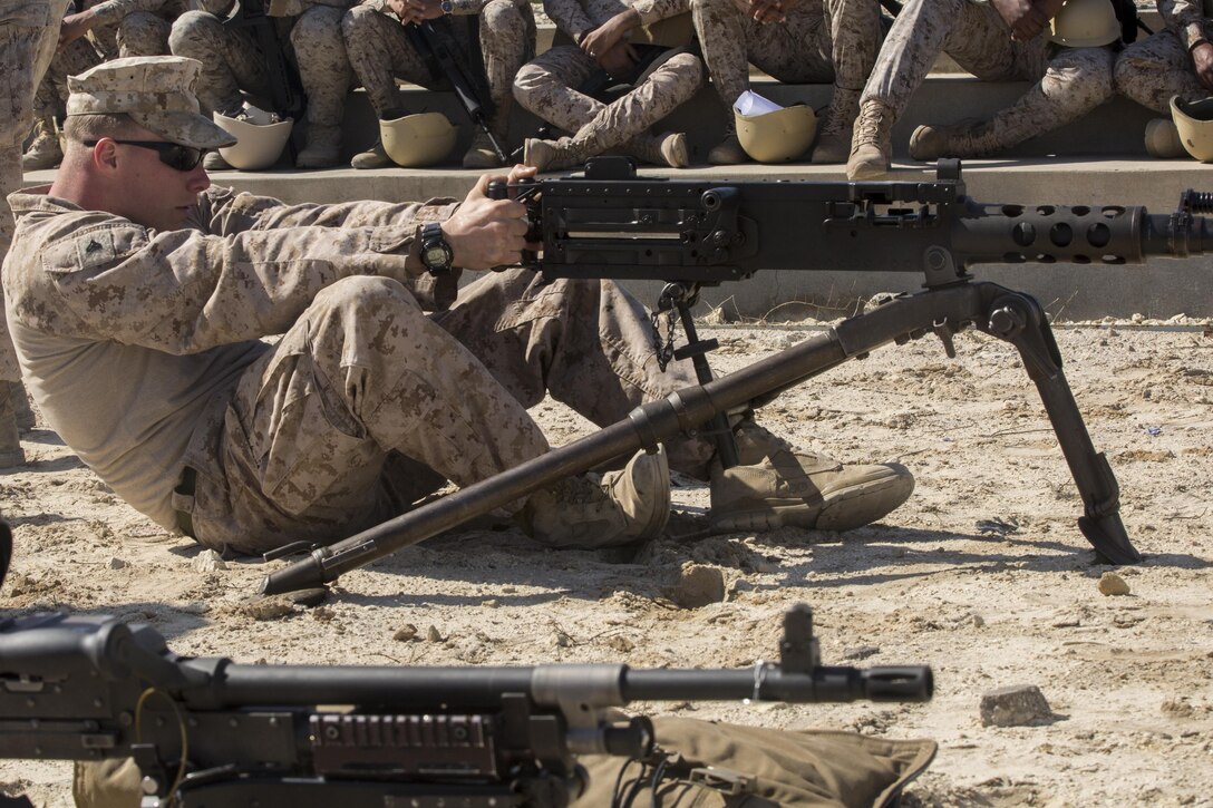 Cpl. Brendan Smith, a vehicle commander with Weapons Company, 3rd Battalion, 7th Marine Regiment, Special Purpose Marine Air-Ground Task Force-Crisis Response-Central Command, conducts appropriate immediate action drills for the .50-caliber machine gun in Saudi Arabia, March 6, 2017. The training proved to be an enhancing opportunity for both the U.S. and Saudi Marines. Deploying U.S. Marines into the U.S. Central Command area of responsibility to conduct combined military training with our partner nations’ security forces strengthens our vital relationships with partners in this important region. (U.S. Marine Corps photo by Cpl. Christopher Thompson) 