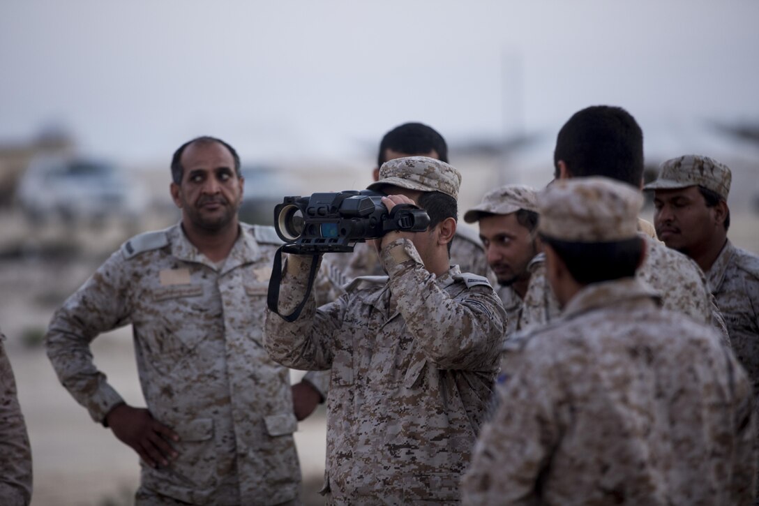 Marines of the Royal Saudi Naval Forces use thermal imaging binoculars to find the heat signatures of objects placed in different positions in Saudi Arabia, March 8, 2017. The training proved to be an enhancing opportunity for both the U.S. and Saudi Marines. Deploying U.S. Marines into the U.S. Central Command area of responsibility to conduct combined military training with our partner nations’ security forces strengthens our vital relationships with partners in this important region. (U.S. Marine Corps photo by Cpl. Christopher Thompson) 