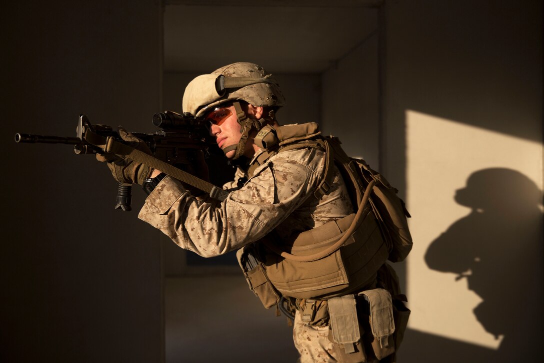 Marine Corps Lance Cpl. Anthony R. Fonseca provides security during a bilateral urban terrain exercise with Spanish soldiers on in Alicante, Spain, March 29, 2017. Fonseca is a rifleman assigned to Special Purpose Marine Air Ground Task Force-Crisis Response-Africa. Marine Corps photo by Sgt. Jessika Braden 
