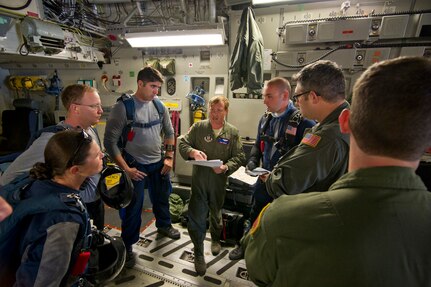 Lt. Col. Mike Parker, deputy chief of standards and evaluation with 315th Operations Group, Joint Base Charleston, South Carolina, discusses pre-flight details with aircrew and Wings of Blue jumpmasters prior to the morning jump training exercise. Citizen Airmen from the 701st Airlift Squadron conducted airdrop training with the Wings of Blue, the U.S. Air Force's parachute team, April 1, 2017 in Phoenix, Ariz. (U.S. Air Force photo by TSgt. Bobby Pilch)