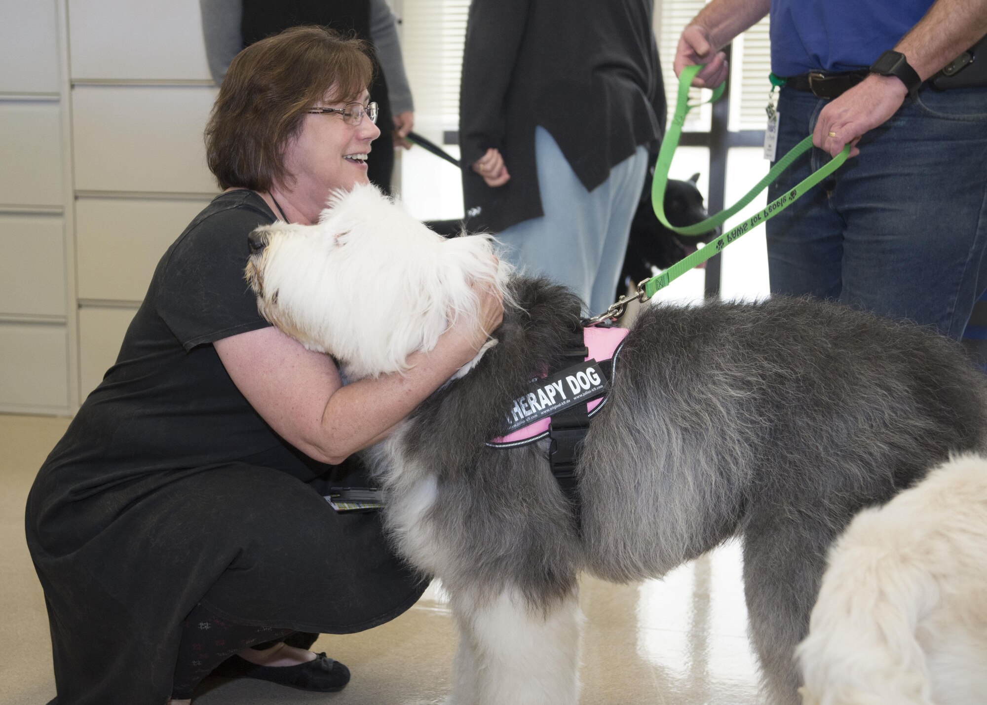 Robin Vitale, Air Force Mortuary Affairs Operations C3 manager, hugs “Holly,” a PAWS for People dog, during a visit March 28, 2017, at AFMAO on Dover Air Force Base, Del. PAWS for People, which stands for Pet-Assisted Visitation Volunteer Services, believes that the PAWS culture is a system of beliefs designed specifically to create value to their customers and volunteers. (U.S. Air Force photo by Staff Sgt. Jared Duhon)