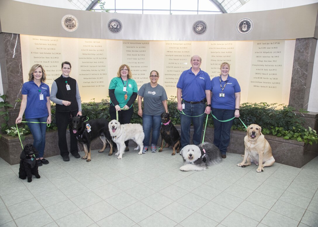PAWS for People volunteers pose with their pooches March 28, 2017, at Air Force Mortuary Affairs Operations on Dover Air Force Base, Del. PAWs for People is a nonprofit organization committed to providing therapeutic visits to the community. Volunteers usually have dogs, but can sometimes have cats or bunnies. (U.S. Air Force photo by Staff Sgt. Jared Duhon)