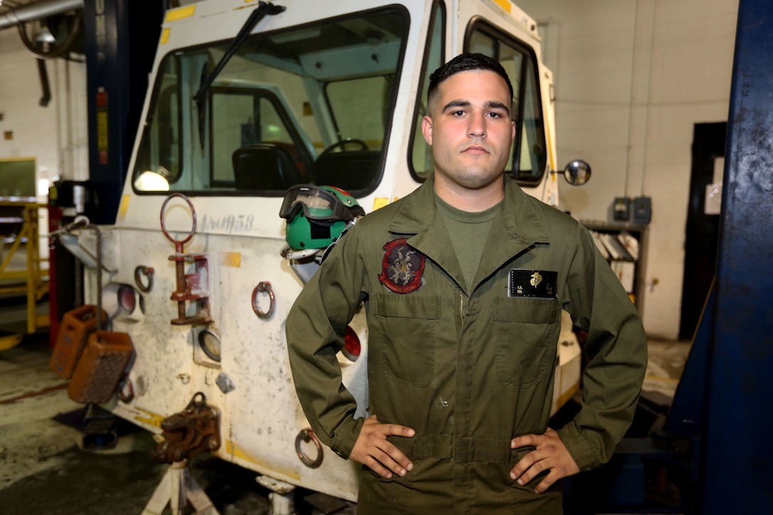 Marine Corps Cpl. Dylan Rivere, a support equipment mechanic assigned to Marine Aviation Logistics Squadron 14, Marine Aircraft Group 14, 2nd Marine Aircraft Wing, poses for a photo at Marine Corps Air Station Cherry Point, N.C., March 13, 2017. Marine Corps photo by Lance Cpl. Justin Roux