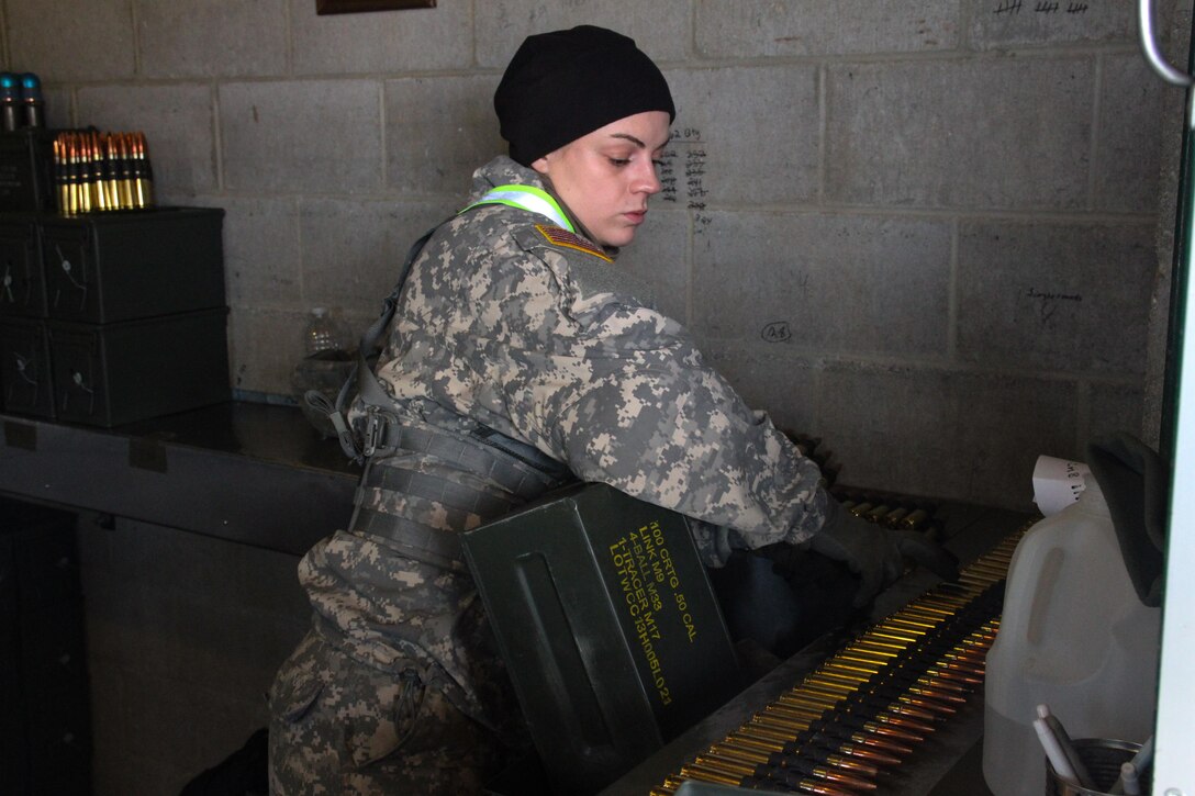 U.S. Army Reserve Spc. Brynn Dorsch, range operations with 304th Sustainment Brigade, counts ammunition after crews complete qualification live-fire during Operation Cold Steel at Fort McCoy, Wis., March 31, 2017. Operation Cold Steel is the U.S. Army Reserve's crew-served weapons qualification and validation exercise to ensure that America's Army Reserve units and Soldiers are trained and ready to deploy on short-notice and bring combat-ready and lethal firepower in support of the Army and our joint partners anywhere in the world. (U.S. Army Reserve photo by Staff Sgt. Debralee Best, 84th Training Command)
