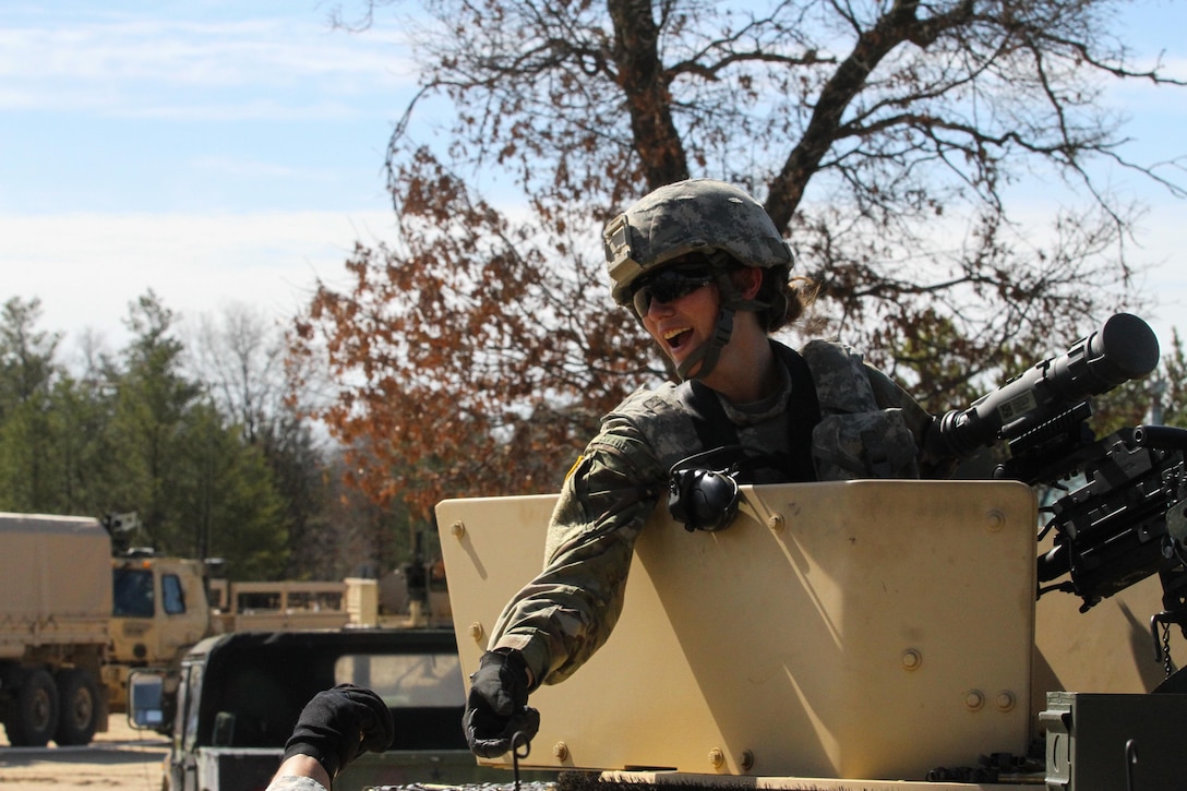 U.S. Army Reserve Pvt. Amanda Hanna, 366th Engineer Company, 412th Theater Engineer Command, clears spent ammunition from a vehicle following basic live-fire during Operation Cold Steel at Fort McCoy, Wis., April 1, 2017. Operation Cold Steel is the U.S. Army Reserve's crew-served weapons qualification and validation exercise to ensure that America's Army Reserve units and Soldiers are trained and ready to deploy on short-notice and bring combat-ready and lethal firepower in support of the Army and our joint partners anywhere in the world. (U.S. Army Reserve photo by Staff Sgt. Debralee Best, 84th Training Command)