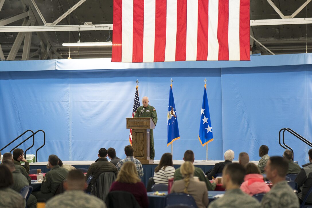 Gen. Carlton D. Everhart II, Air Mobility Command commander, provides opening remarks during the 2017 Rapid Global Mobility Airpower Orientation at Joint Base Andrews, Md., March 31. During the orientation, AMC subject matter experts discussed the AMC mission with Congressional staff members while also leading them through aircraft static displays. (U.S. Air Force photo by Senior Airman Delano Scott)