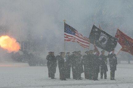 Military and civilian dignitaries and others braved a snowy day on April 1, 2017, to commemorate the First Muster in Salem, Mass. Howitzers blasted to honor the 380th anniversary of the event, which led to creation of the modern National Guard.