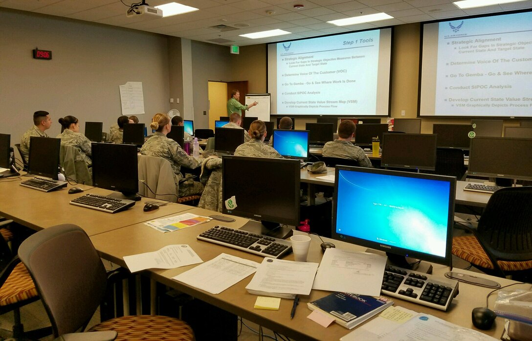 Airmen attend the Practical Problem Solving Method course January 31, 2017, in the installation Deployment Center at Ellsworth Air Force Base, S.D. The course is part of the Department of the Defense Continuous Process Improvement program, designed to teach individuals the ability to identify a problem and be able to resolve it together, working to continuously increase workplace efficiency. (Courtesy photo)