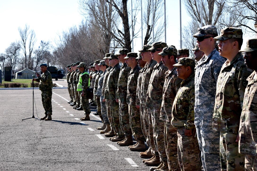 Lt. Col. Bulat Dusembayev, commander of the Kazakhstan Peacekeeping Brigade, made the opening remarks and welcomed the U.S. and U.K. soldiers to Steppe Eagle Koktem, the first phase of Exercise Steppe Eagle, during a formation Mar. 31, 2017, at Illisky Training Center, Kazakhstan.