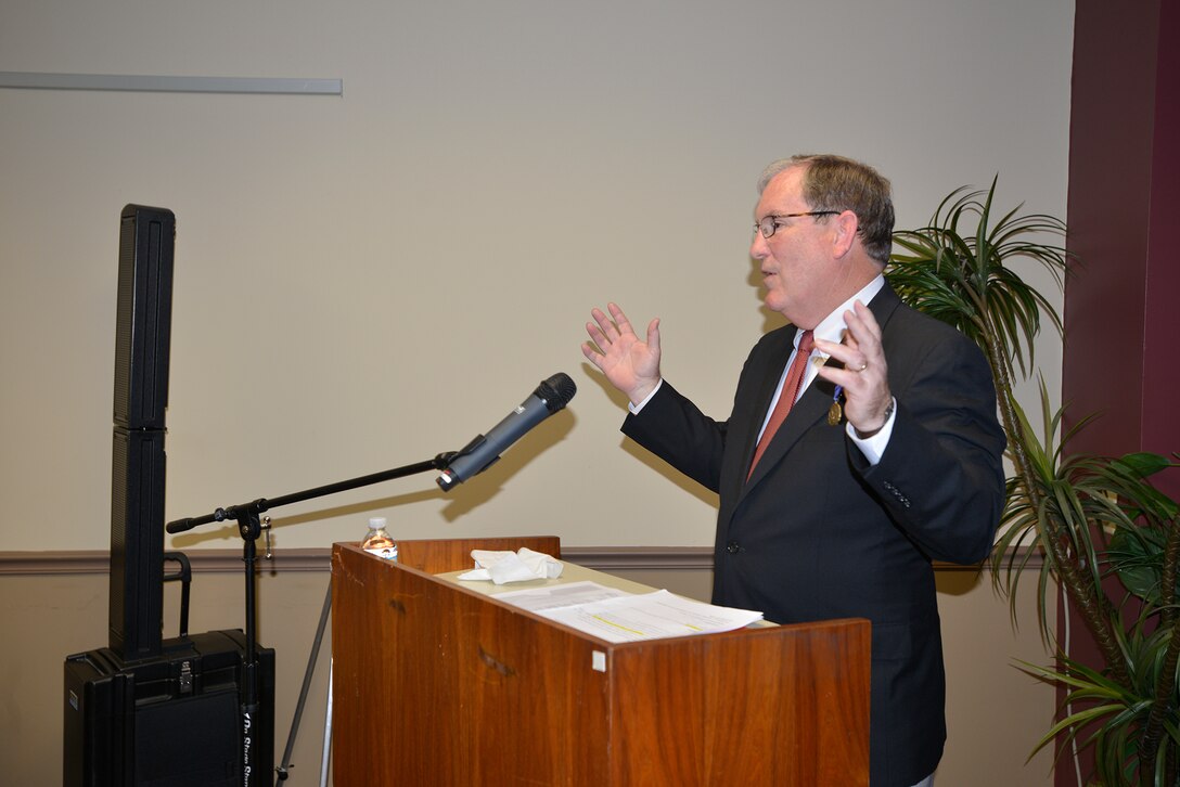 Mike Wilson, U.S. Army Corps of Engineers Nashville District deputy district engineer for Project Management, addresses his friends, acquaintances, family, and members of the U.S. Army Corps of Engineers Nashville District at the conclusion of his retirement ceremony at the district headquarters in Nashville, Tenn., March 31, 2017. (USACE photo by Mark Rankin)