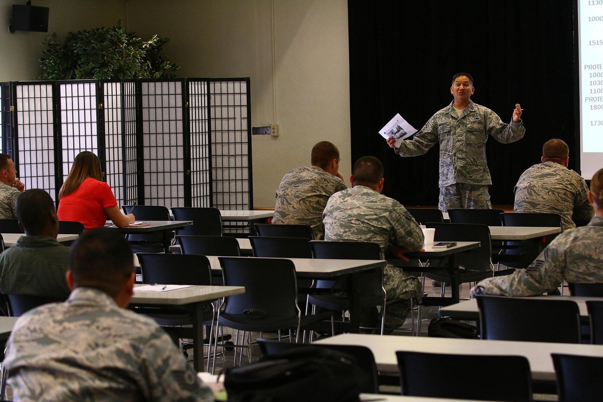 Chaplain (Capt.) Job Morales, 445th Airlift Wing Chaplain Corps, briefs incoming Airmen information about chaplain’s support during the newcomers briefing. The chaplains as well as Airmen from the 445th Logistics Readiness Squadron trained and provided support during their annual tour here March 14, 2017. (U.S. Air Force photo/Tech. Sgt. Patrick O’Reilly)