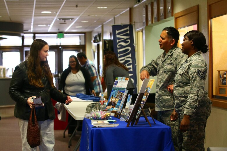 445th Airlift Wing Chaplain Corps Airmen Chaplain (Capt.) Job Morales and Tech. Sgt. Precious Sims, chaplain’s assistant, brief incoming Airmen information about chaplain’s support during the newcomers briefing at here March 14, 2017. The Chaplains as well as Airmen from the 445th Logistics Readiness Squadron trained and provided support during their annual tour here. (U.S. Air Force photo/Tech. Sgt. Patrick O’Reilly)