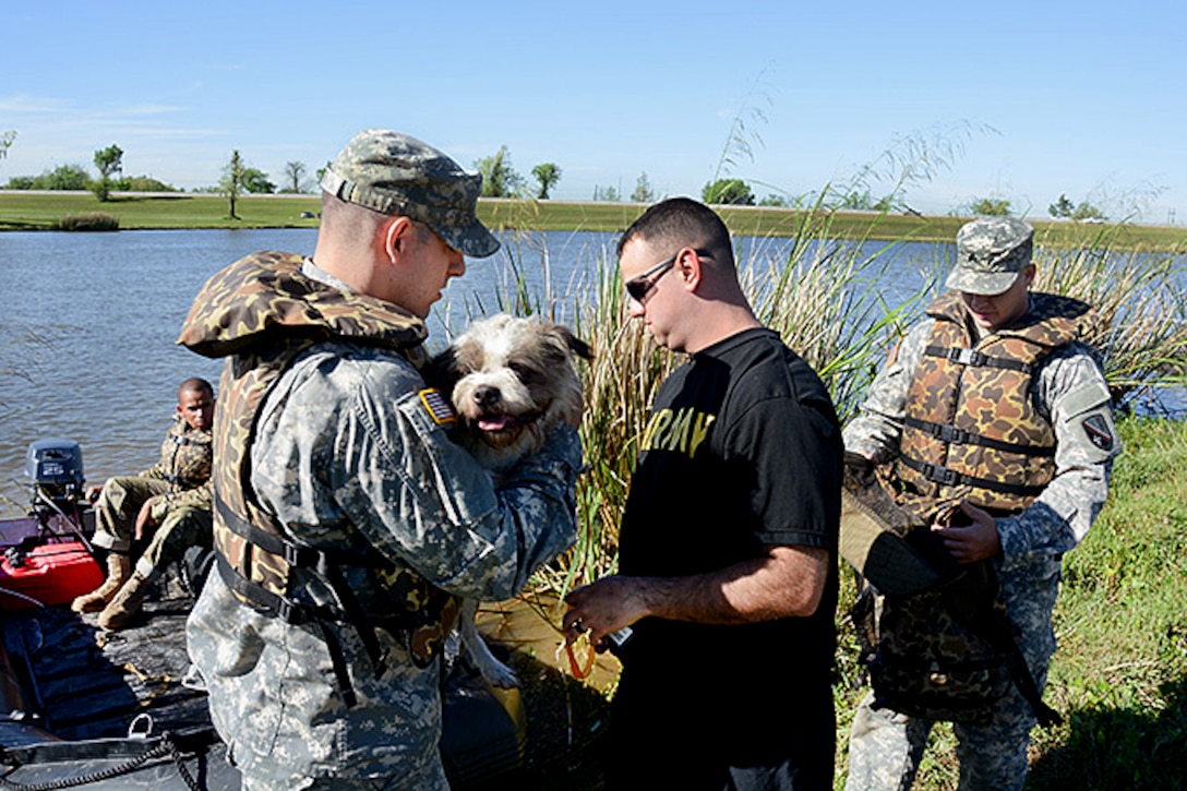 Louisiana Army National Guard members practice animal rescue procedures during a disaster relief exercise at the Bonnet Carre Spillway, St. Charles Parish, Louisiana, April 1, 2017. Army National Guard photo by 1st Sgt. Paul Meeker