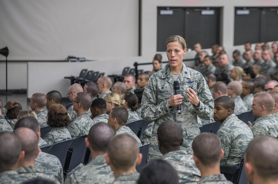 U.S. Air Force Lt. Col. Meghan Doherty, 326th Training Squadron commander, addresses Airmen during Airmen’s Week April 3, 2016, at the Pfingston Reception Center at Joint Base San Antonio-Lackland, Texas. Airmen’s Week is a 31-hour, values-based course with a mission to “develop professional, resilient Airmen, inspired by our heritage, committed to the Air Force core values, and motivated to deliver airpower for America.” (U.S. Air Force photo by Johnny Saldivar)
