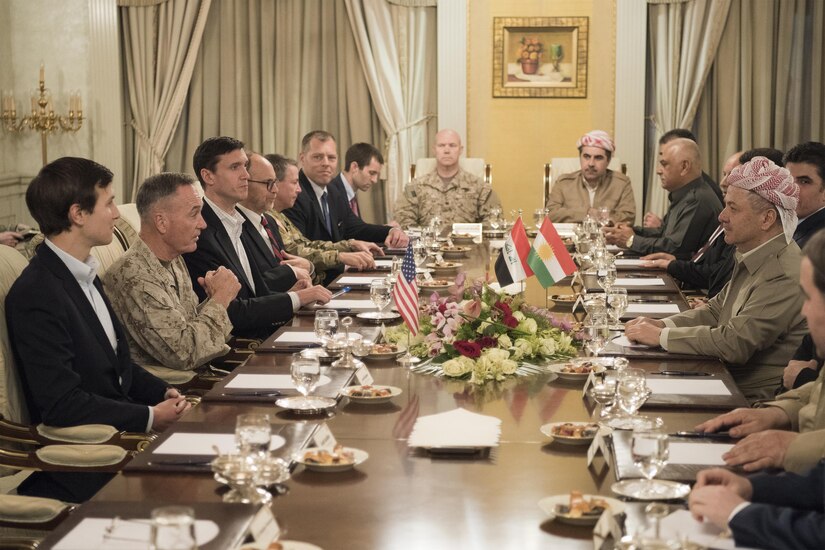 Marine Corps Gen. Joe Dunford, chairman of the Joint Chiefs of Staff; Jared Kushner, senior advisor to President Donald J. Trump; and Tom Bossert, homeland security advisor to the president, meet with Kurdistan Regional Government President Masoud Barzani, April 4, 2017, while on a trip to assess the health of the campaign against the Islamic State of Iraq and Syria. DoD photo by Navy Petty Officer 2nd Class Dominique A. Pineiro