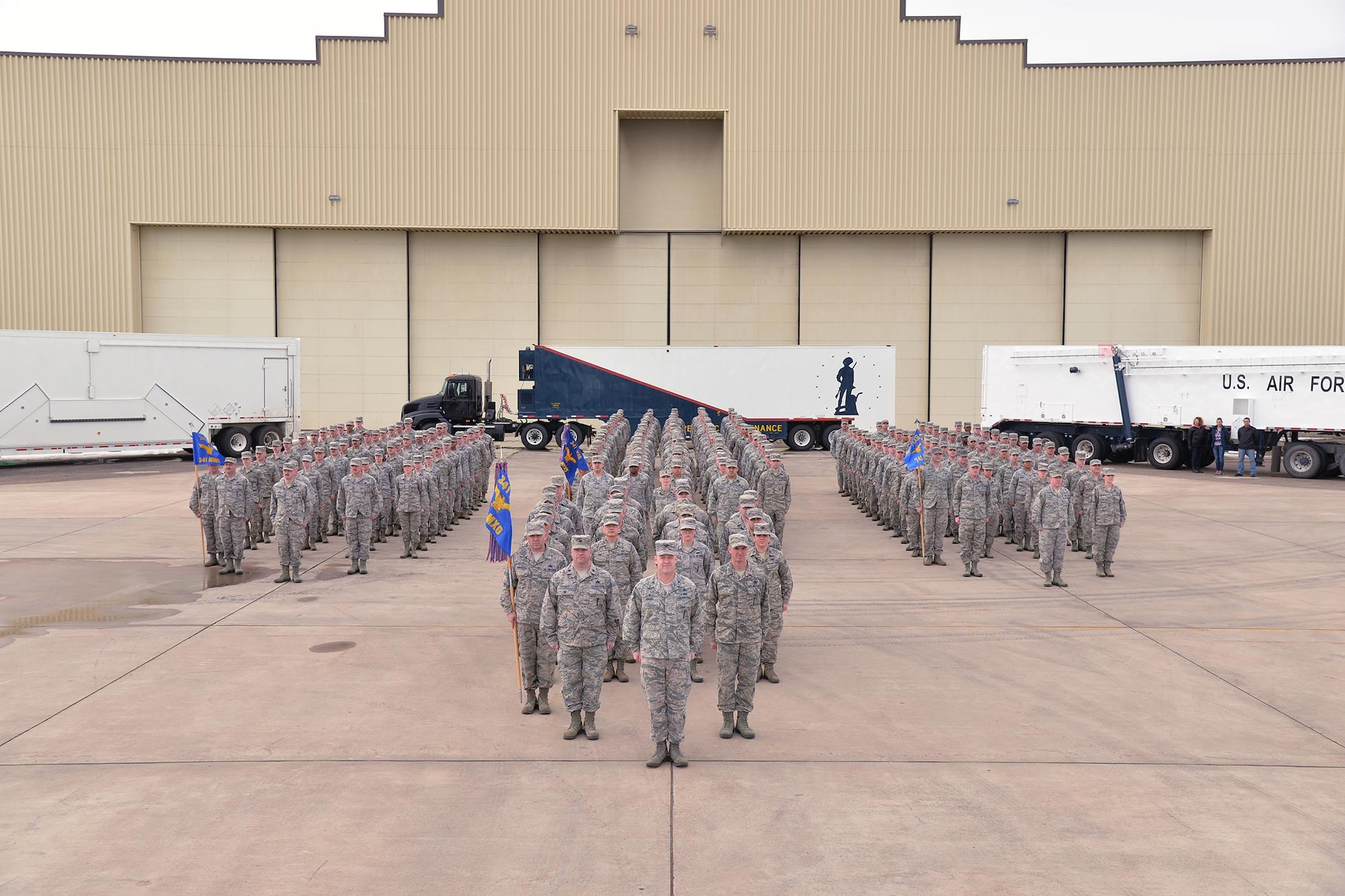 Airmen from the 341st Maintenance Group stand in formation for a group photo March 3, 2017, at Malmstrom Air Force Base, Mont. The 341st MXG recently won the 2016 Air Force Maintenance Effectiveness Award. (U.S. Air Force photo/Airman First Class Daniel Brosam)