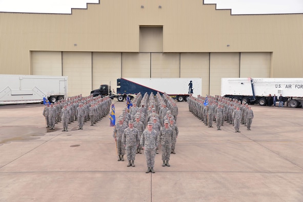 Airmen from the 341st Maintenance Group stand in formation for a group photo March 3, 2017, at Malmstrom Air Force Base, Mont. The 341st MXG recently won the 2016 Air Force Maintenance Effectiveness Award. (U.S. Air Force photo/Airman First Class Daniel Brosam)