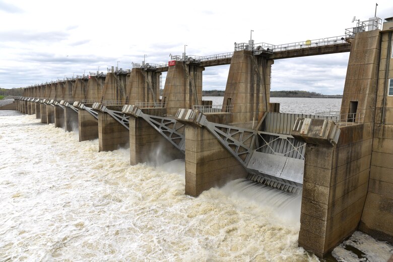 Water is released from Miller’s Ferry Lock and Dam in Wilcox County, Alabama, Mar. 11.  Miller’s Ferry is one of several locks on the Alabama River that will be involved in a fish passage study led by Auburn University. 