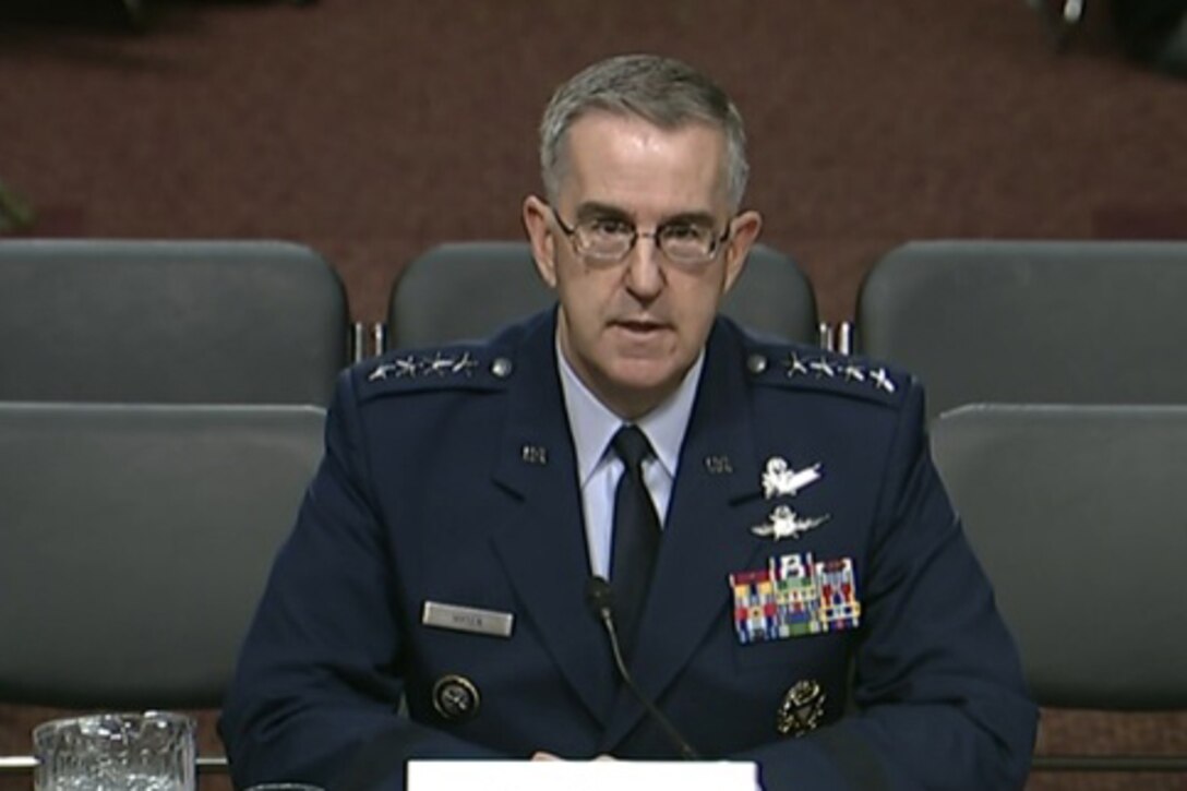 Air Force Gen. John E. Hyten, commander of U.S. Strategic Command, testifies before the Senate Armed Services Committee in Washington, April 4, 2017.