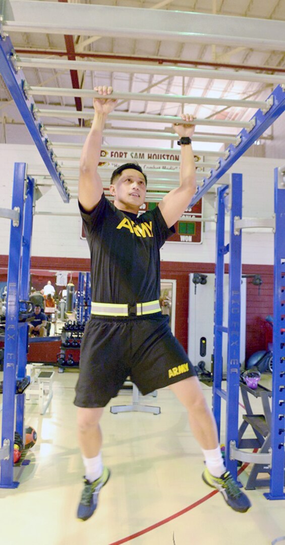 Capt. Rommel Camangeg working out at the Fort San Houston Central Gym preparing to compete in American Ninja Warrior. 