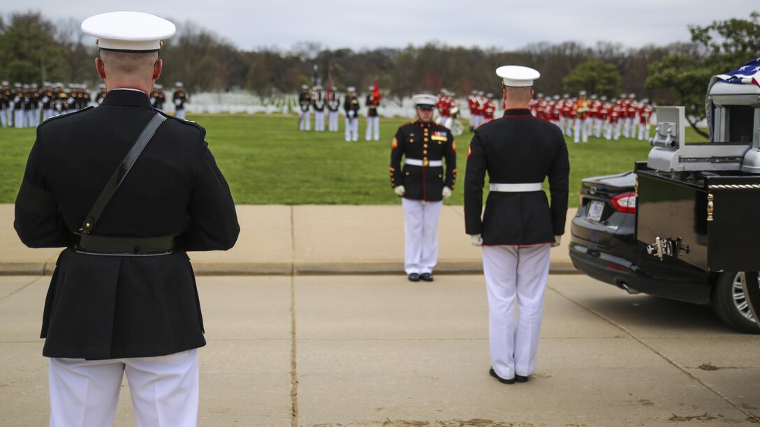 Marines from Marine Barracks Washington D.C. support a full honors funeral at Arlington National Cemetery, Va., March 31, 2017. Marine Barracks Washington is home to the Marine Corps Body Bearers; those Marines who bear the caskets for all Marine Corps funerals and many high-ranking government official funerals within the Capitol area. (Official Marine Corps photo by Lance Cpl. Damon Mclean/Released)
