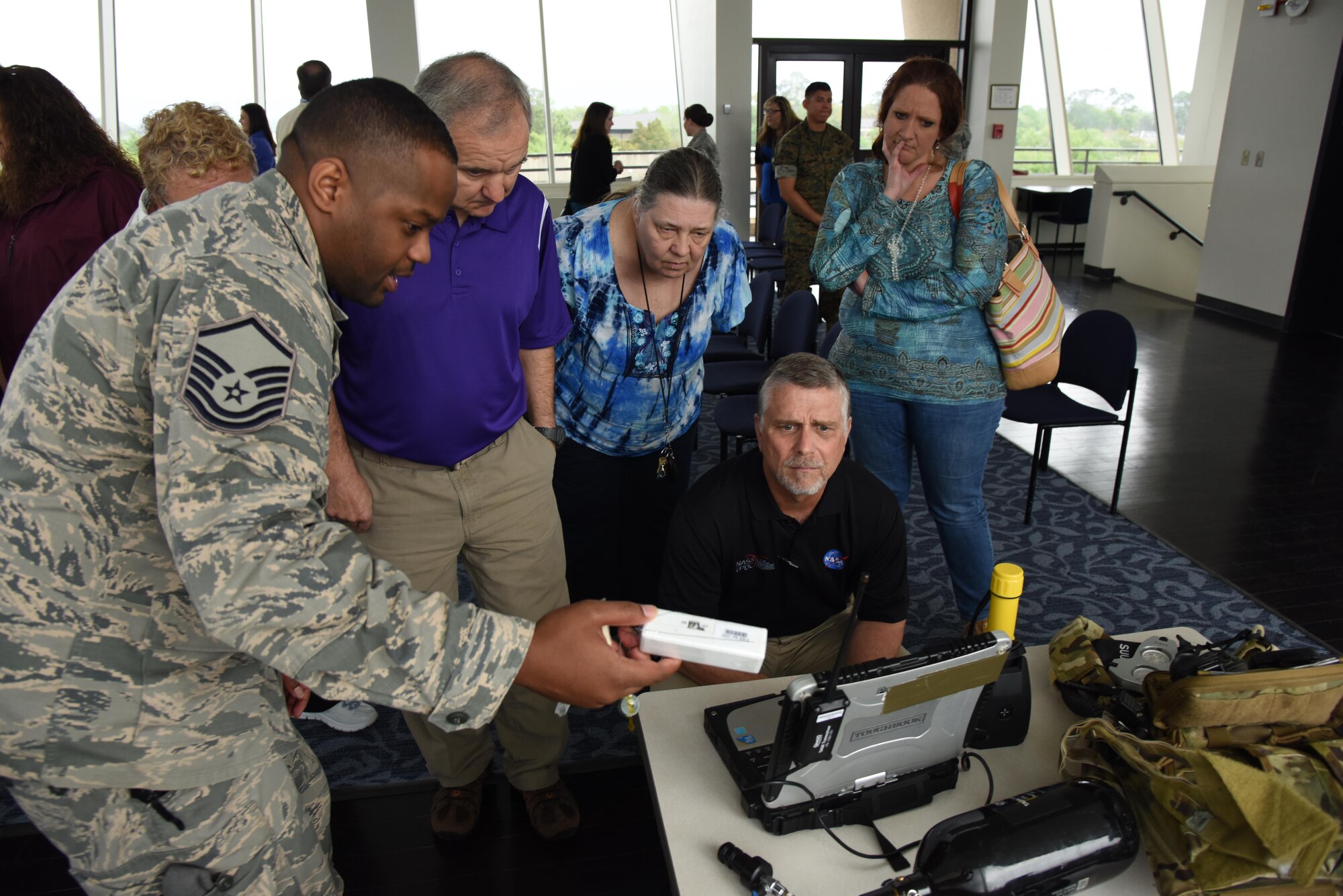 Master Sgt. Frederick, 335th Training Squadron career development course writer, briefs educators on field weather equipment at the Weather Training Complex during a NASA Educator Workshop, March 30, 2017, on Keesler Air Force Base, Miss. NASA teamed up with 335th TRS weather instructors and the 403rd Wing Hurricane Hunters to provide teachers from Mississippi and Louisiana with available resources, techniques and best practices for use in their classrooms. (U.S. Air Force photo by Kemberly Groue)