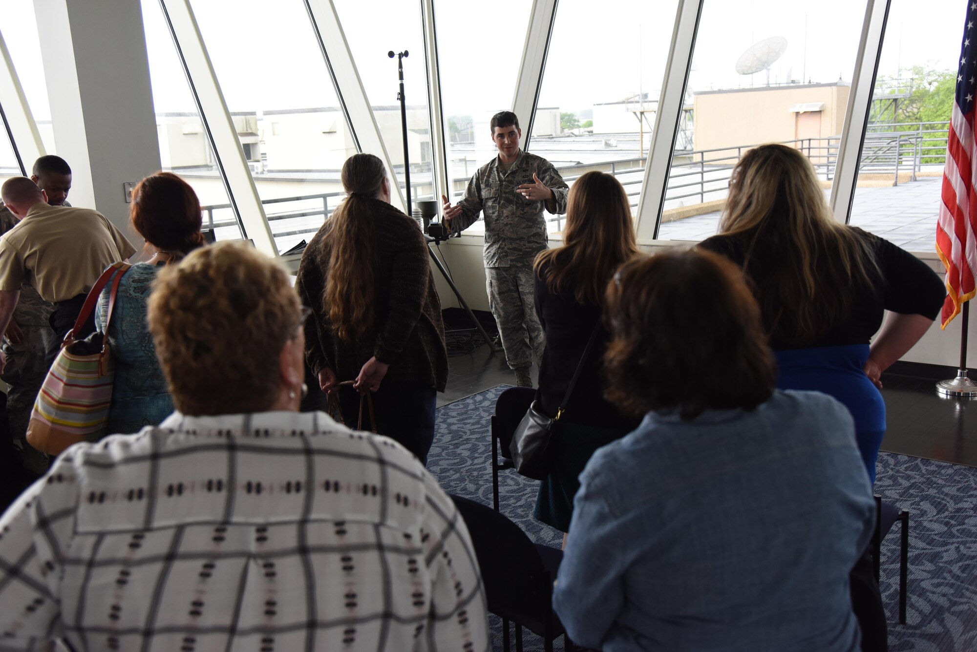 Staff Sgt. Jacob Hale, 335th Training Squadron instructor, briefs educators on weather training equipment at the Weather Training Complex during a NASA Educator Workshop, March 30, 2017, on Keesler Air Force Base, Miss. NASA teamed up with 335th TRS weather instructors and the 403rd Wing Hurricane Hunters to provide teachers from Mississippi and Louisiana with available resources, techniques and best practices for use in their classrooms. (U.S. Air Force photo by Kemberly Groue)