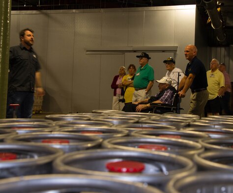 Jared Belville, Red River Brewing Co. managing partner, takes alumni of the 307th Bomb Wing on a tour of the Red River Brewing Co. in Shreveport, La., March 30, 2017. The 307th Bomb Wing celebrated their 75th Anniversary with a reunion that included alumni from wars such as World War II, Korean War, Vietnam and Operation Inherent Resolve. (U.S. Air Force photo by Staff Sgt. Jason McCasland/Released)