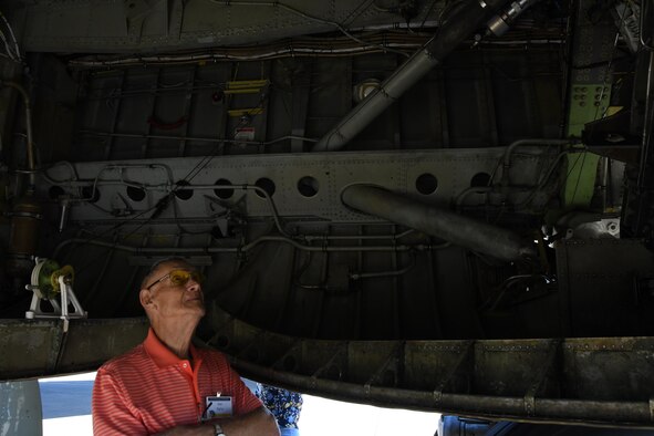 Bob Taylor, a 307th Bomb Wing alumni, views the interior of a wheel well on a B-52 Stratofortress during a base tour on Barksdale Air Force Base, La. March 31, 2017. The base tour was part of a 307th BW hosted reunion to celebrate the 75th anniversary of the unit and included alumni from wars such as World War II, the Korean War, Vietnam and the Cold War. (U.S. Air Force photo by Staff Sgt. Callie Ware/Released)