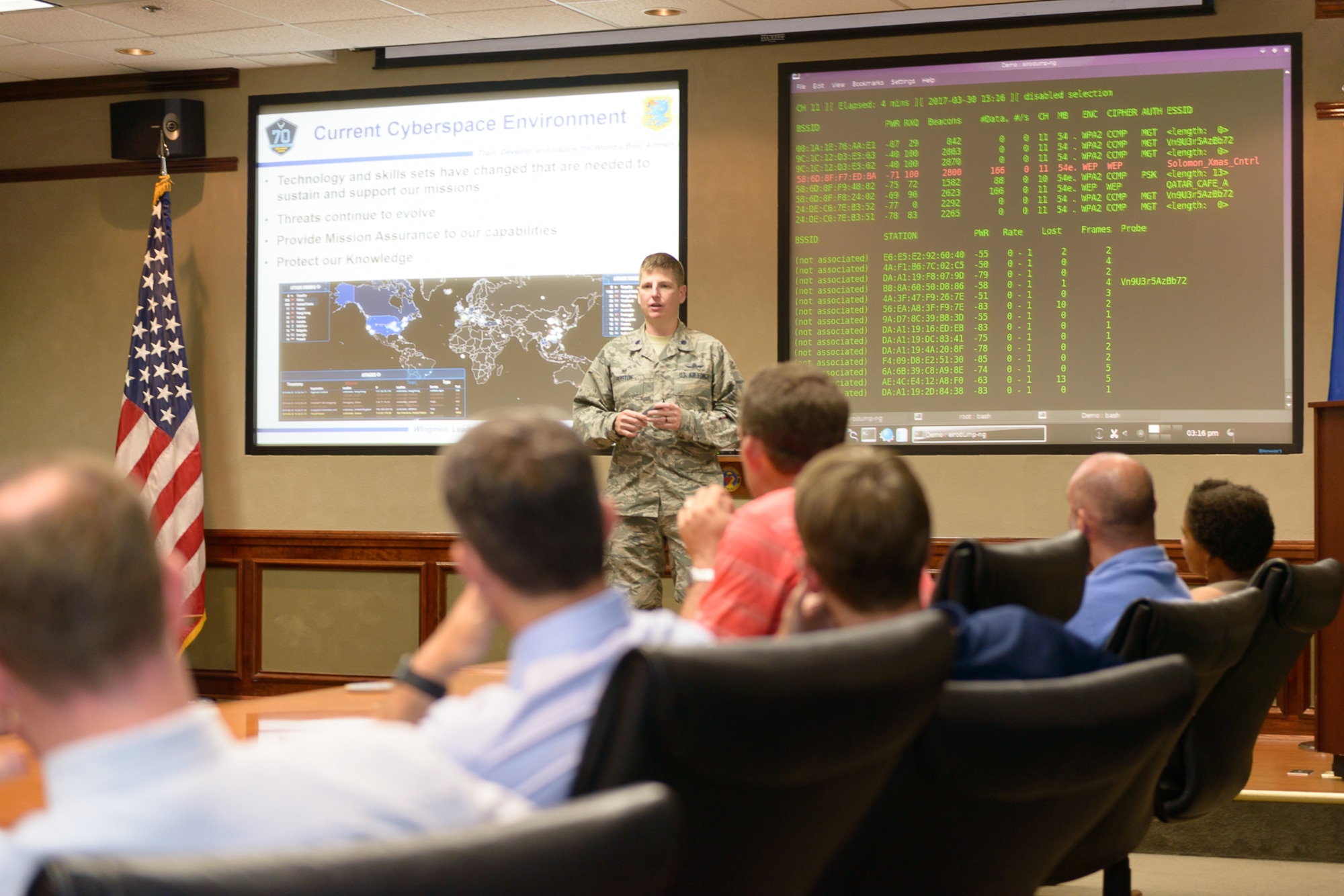 Lt. Col. Nathaniel Huston, 333rd Training Squadron commander, briefs 81st Training Wing honorary commanders on the 333rd TRS mission at Stennis Hall, Mar. 30, 2017, on Keesler Air Force Base, Miss. The visit highlighted the training mission of the 81st Training Group for 81st TRW honorary commanders. (U.S. Air Force photo by Andre’ Askew)     