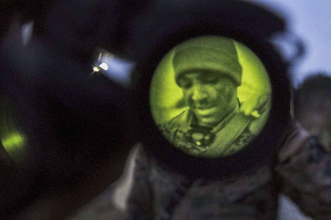 Marine Corps Cpl. Justin Morrall prepares for night stalking during Korea Marine Exercise Program 17-6 near Camp Mujuk, Pohang, South Korea, March 30, 2017. Morrall is assigned to the 3rd Marine Division's 3rd Marine Reconnaissance Battalion, 3rd Marine Expeditionary Force. Marine Corps photo by Sgt. Ally Beiswanger