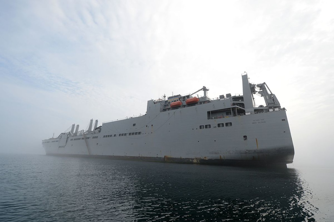 The large, medium-speed roll-on/roll-off ship USNS Red Cloud participates in Combined Joint Logistics Over-the-Shore 2015 at Anmyeon Beach, South Korea, June 30, 2015. CJLOTS 2015 was an exercise designed to train U.S. and South Korean service members to accomplish vital logistical measures in a strategic area while strengthening communication and cooperation in the U.S.-South Korean alliance. Navy photo by Petty Officer 1st Class Joshua Scott