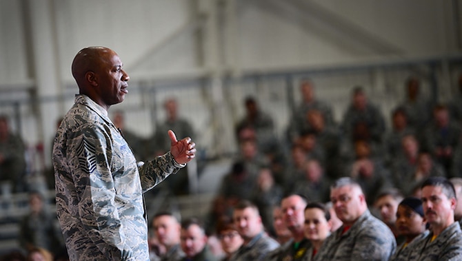 Chief Master Sgt. of the Air Force Kaleth O. Wright, visits Whiteman Air Force Base, Mo., for an all-call where he spoke with hundreds of Airmen conveying his strategic messages on March 17, 2017. Wright took questions from a dozen Airmen ranging from policy to quality of life. The CMSAF serves as a personal advisor to the Air Force Chief of Staff and Secretary of the Air Force on all issues regarding the welfare, readiness, morale, proper utilization, and progress of the enlisted force and their families. (U.S. Air Force photo/Tech Sgt. Andy M. Kin)