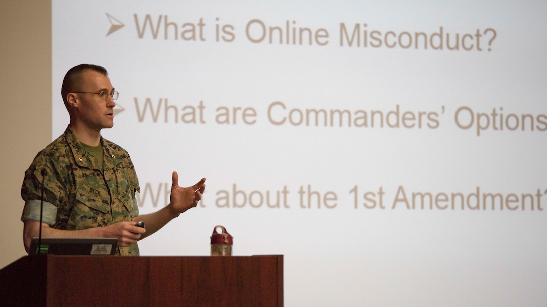 Maj. Eldon Beck speaks on First Amendment rights during a Social Media Misconduct Symposium at Breckenridge Auditorium, Marine Corps War College, Marine Corps Base Quantico, Virigina, Mar. 30, 2017. 

