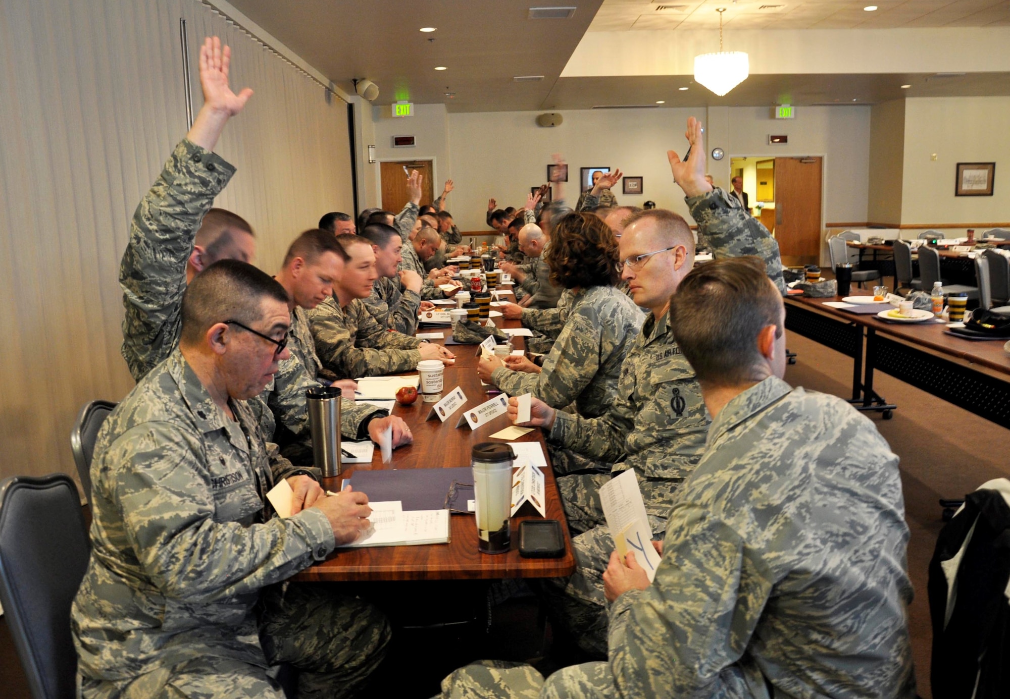 Lt. Col. Timothy Christison, 90th Medical Support Squadron commander, takes notes during a group activity at the 20th Air Force Senior Leader Conference on F.E. Warren Air Force Base, Wyo., March 30, 2017. Squadron commanders within the command networked and discussed ways to improve mission execution and the quality of life for their Airmen. The 20th AF SLC focused on revitalizing the squadron as a core fighting unit, a major focus area of Gen. David L. Goldfein, Air Force Chief of Staff.  (U.S. Air Force photo by 1st Lt Veronica Perez)