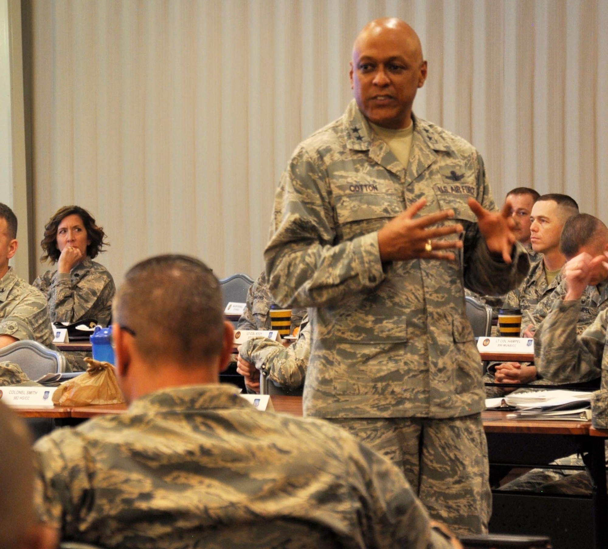 Maj. Gen. Anthony Cotton, 20th Air Force and Task Force 214 commander, addresses his commanders during the 20th AF Senior Leader Conference on F.E. Warren Air Force Base, Wyo., March 30, 2017. Cotton updated commanders on his focus areas and goals, to include heritage and quality of life initiatives. The 20th AF SLC focused on revitalizing the squadron as a core fighting unit, a major focus area of Gen. David L. Goldfein, Air Force Chief of Staff.  (U.S. Air Force photo by 1st Lt Veronica Perez)
