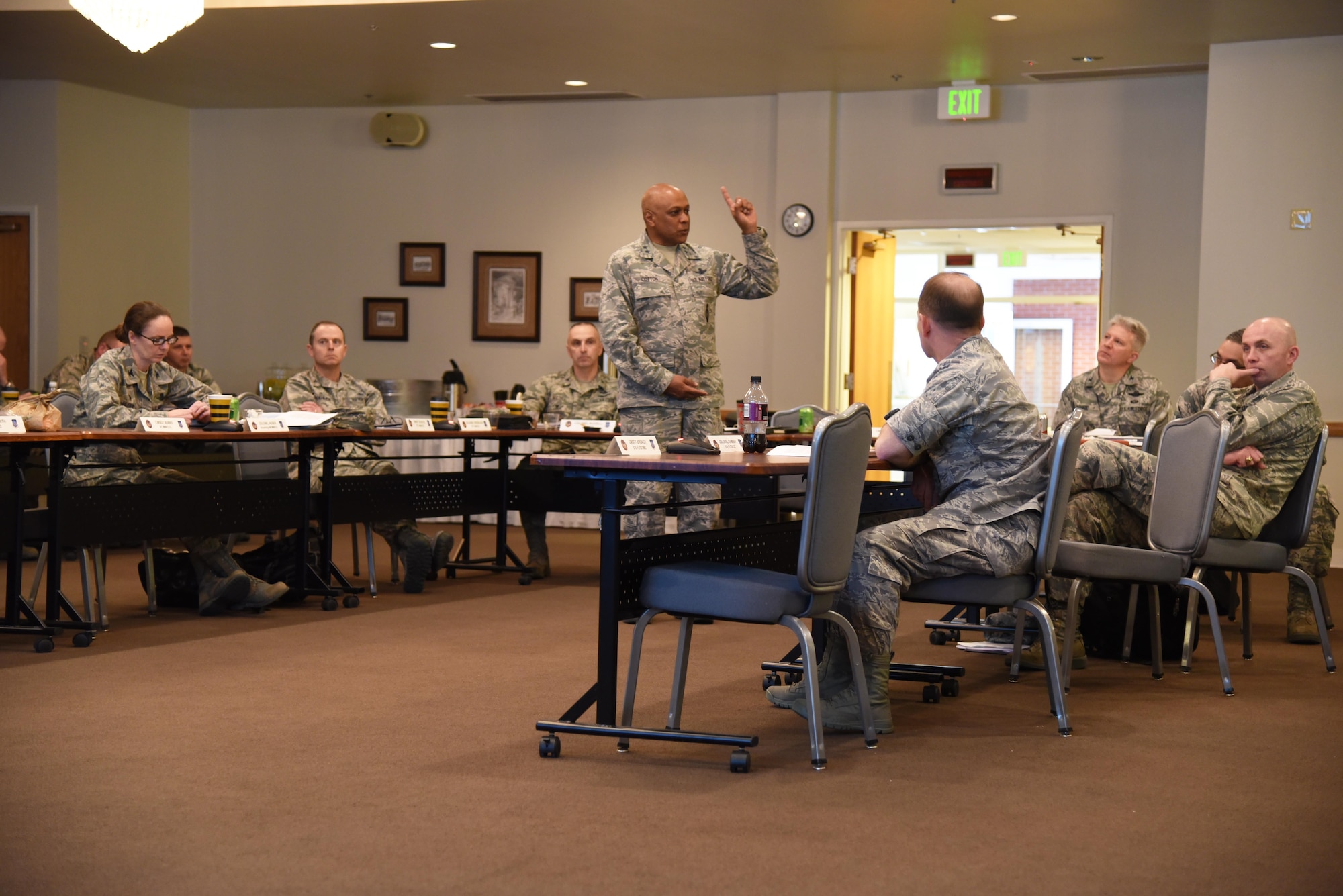 Maj. Gen. Anthony Cotton, 20th Air Force and Task Force 214 commander, addresses his wing commanders and squadron commanders during the 20th AF Senior Leader Conference on F.E. Warren Air Force Base, Wyo., March 30, 2017. Discussion topics included Year of the Family programs, unit heritage initiatives and updates on professional development and mission operations. The 20th AF SLC focused on revitalizing the squadron as a core fighting unit, a major focus area of Gen. David L. Goldfein, Air Force Chief of Staff.  (U.S. Air Force photo by Glenn Robertson)