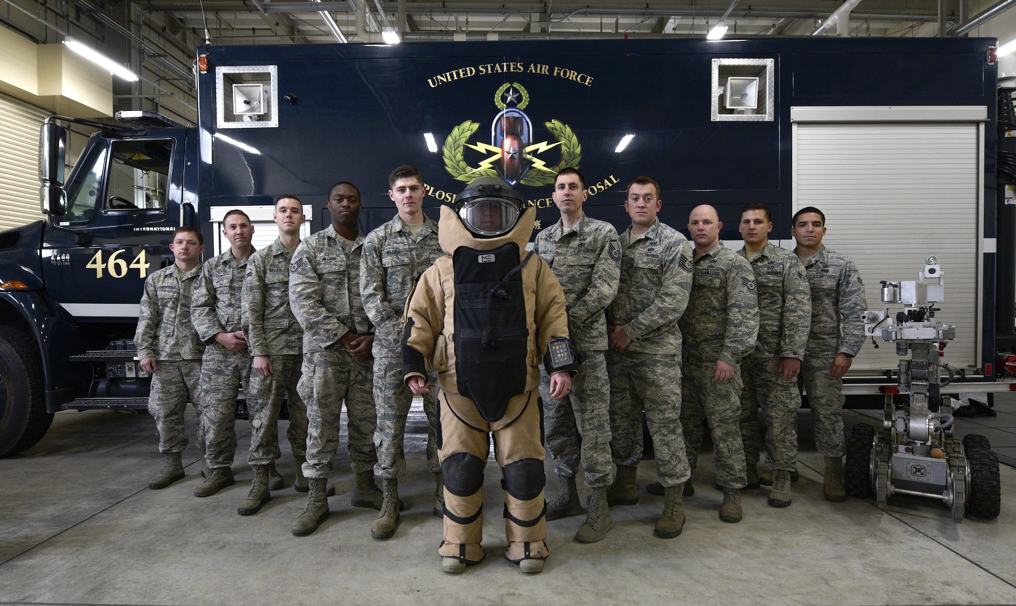 The 35th Civil Engineer Squadron Explosive Ordnance Disposal flight pause for a group photo at Misawa Air Force Base, Japan, April 3, 2017. The EOD flight received the Senior Master Sgt. Gerald J. Stryzak Award. The annual award recognizes the EOD flight that distinguished itself as the year's top performer through sustained superior mission support and outstanding achievement. (U.S. Air Force photo by Staff Sgt. Melanie A. Hutto)